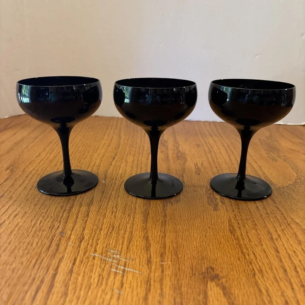 Vtg 3-  Sasaki Stemware Champagne Glasses Ebony Midnight Black Handcrafted Japan